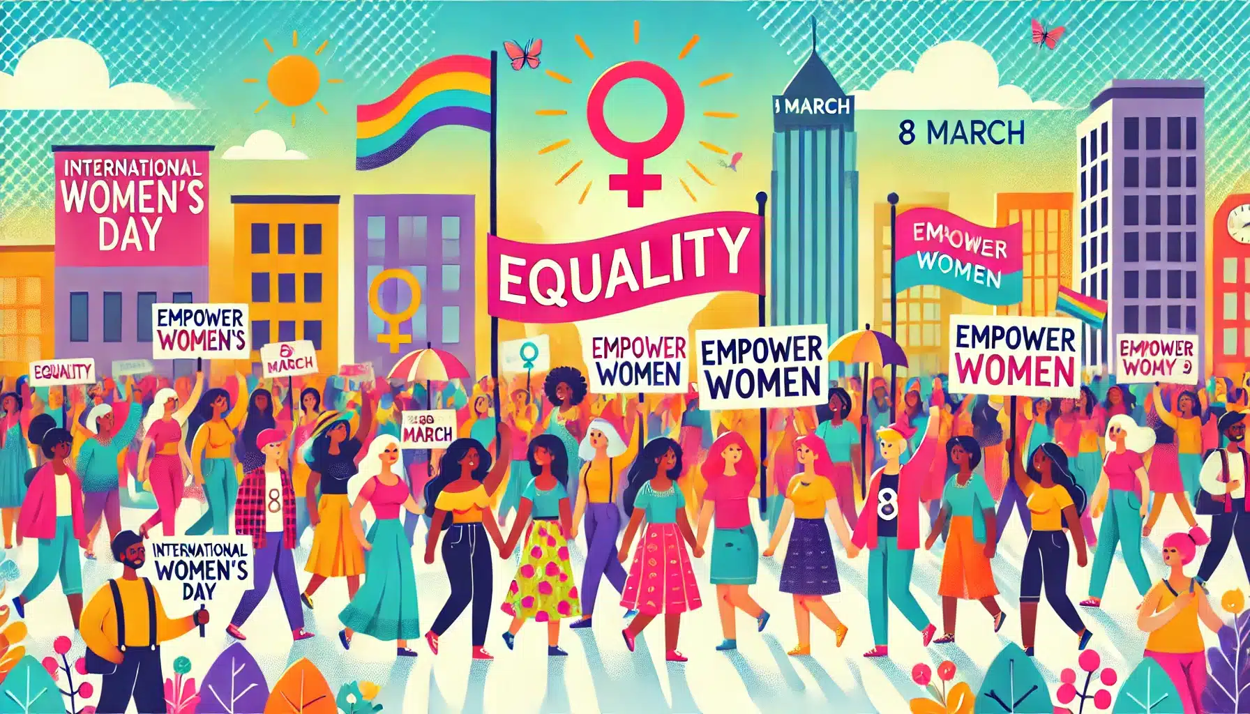 photographie colorée représentant une marche contemporaine avec des participants portant des pancartes et des drapeaux, célébrant le 8 mars à travers le monde