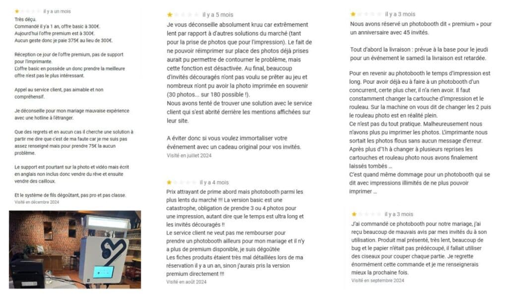 avis google kruu photo booth 1 étoile comparatif à éviter borne photo probleme