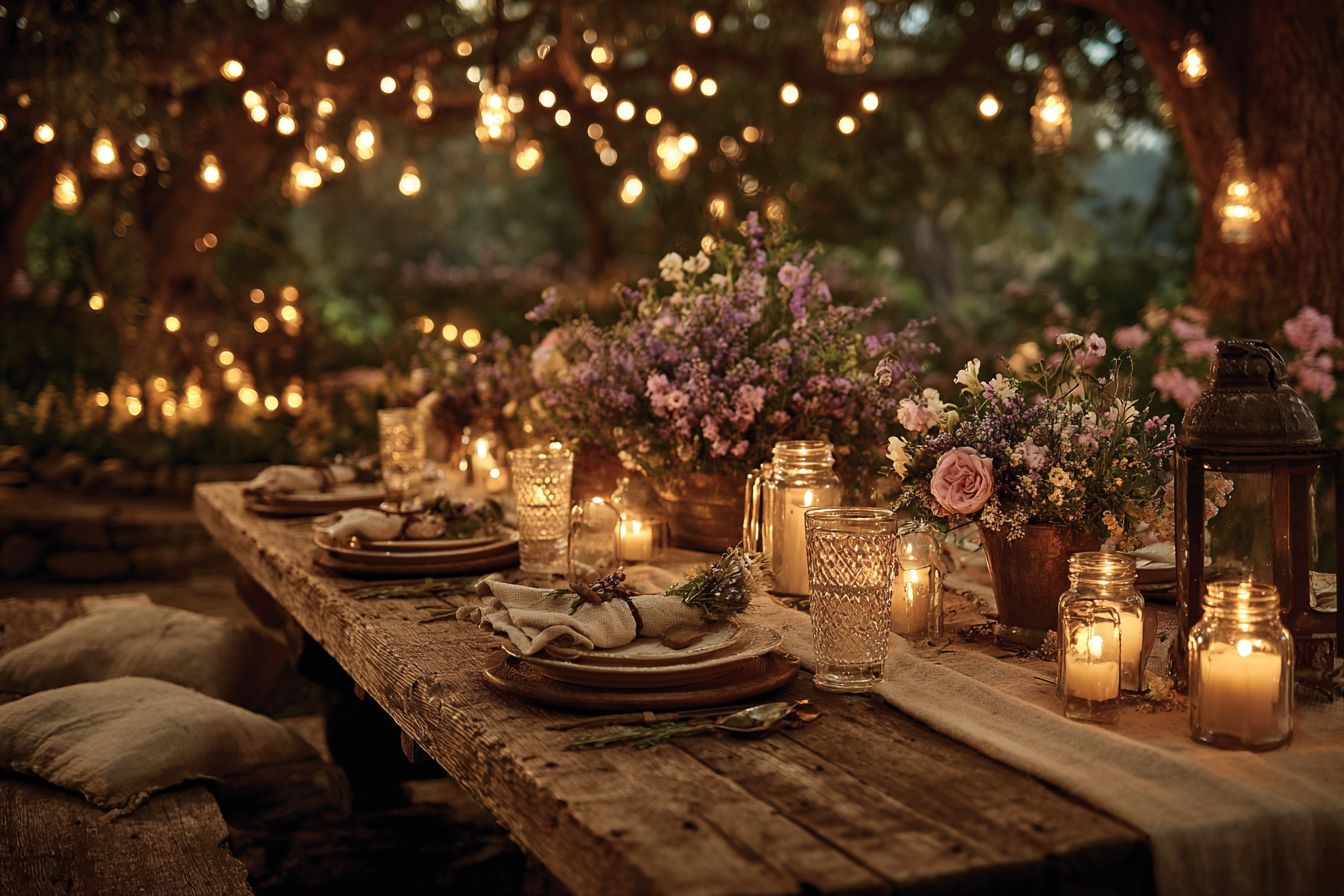 jardin d'été table rustique bois garden party repas bougies photophores