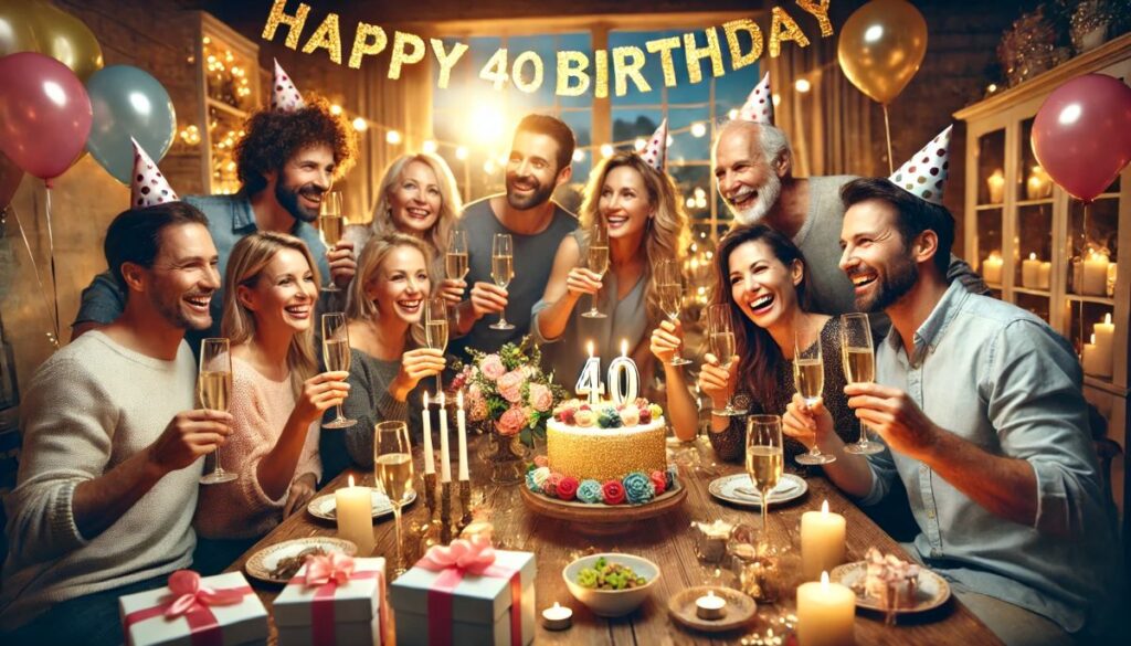 photo d’un groupe d’amis et de famille souriants, en train de trinquer avec des verres de champagne ou de célébrer autour du gâteau anniversaire 40 ans bougies