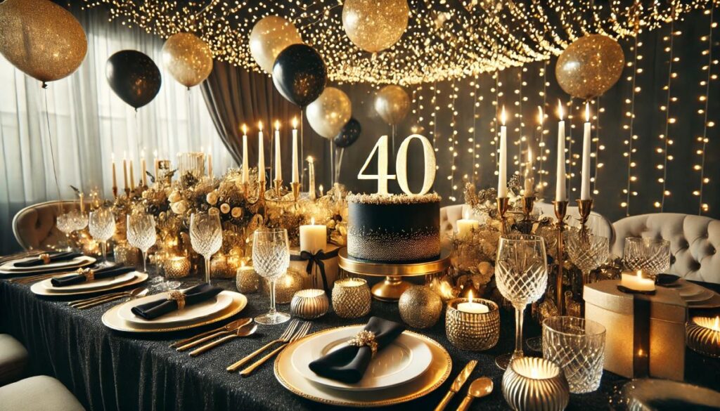 table élégamment décorée pour une fête sophistiquée, idéale pour un 40e anniversaire. Avec des tons or, noir et argent, l'ambiance festive et chic