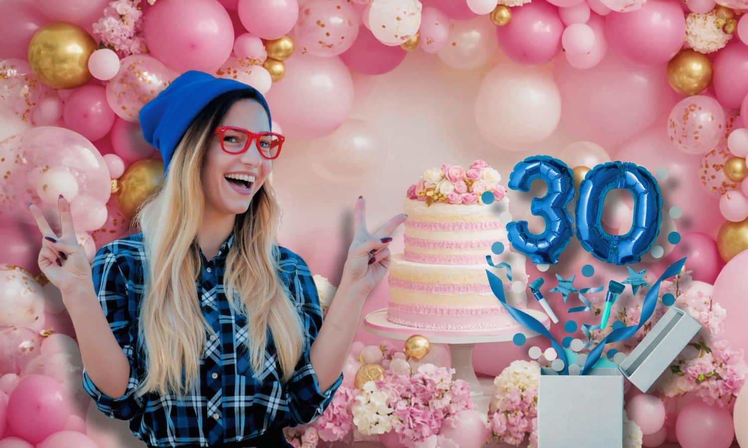 fille 30 ans bonnet bleu lunette rouge gateau ballon gonflable thème rose poudré or