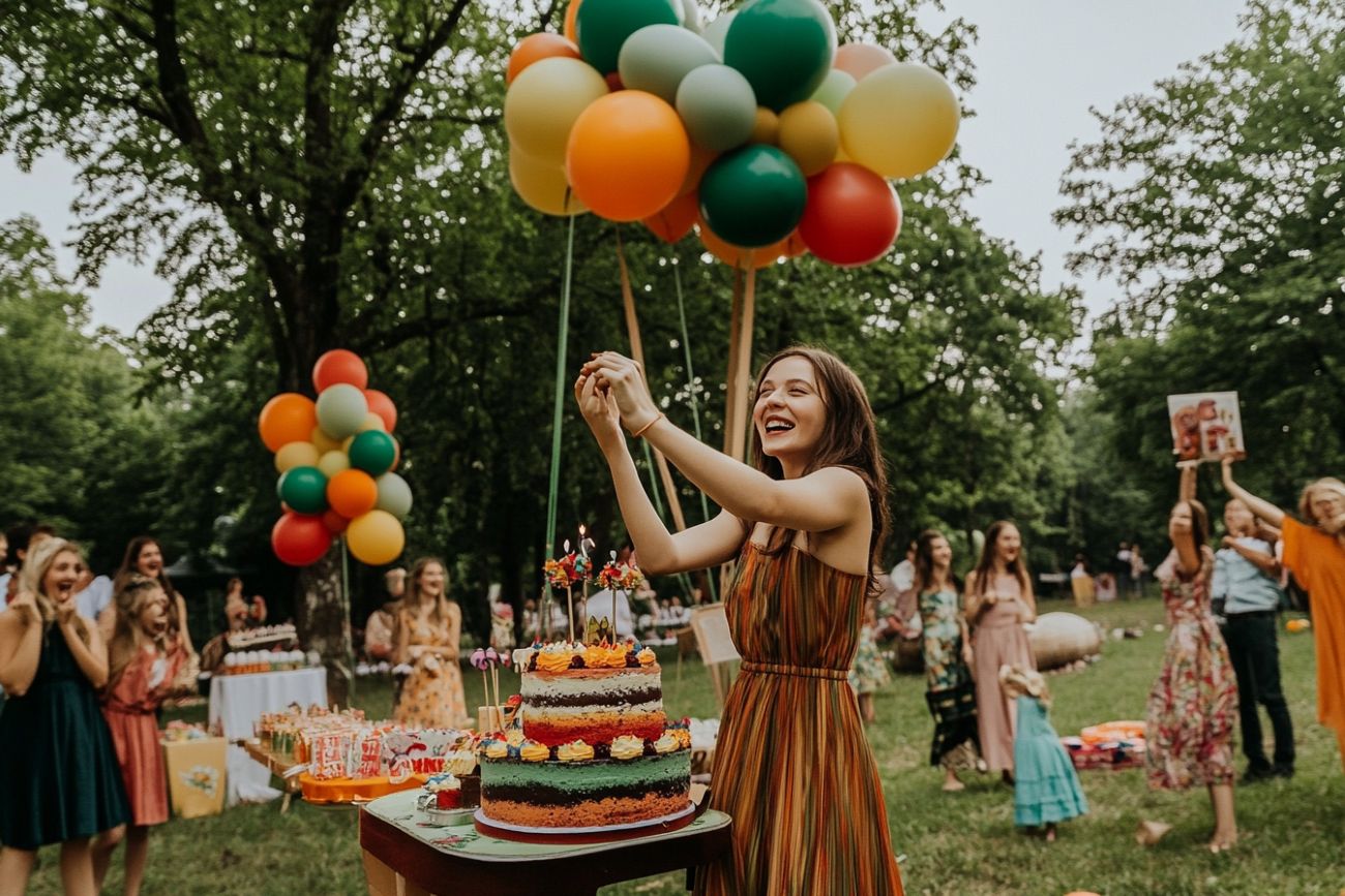 jardin ballon fete anniversaire femme rigole robe dorée boheme plissé jeu activité famille