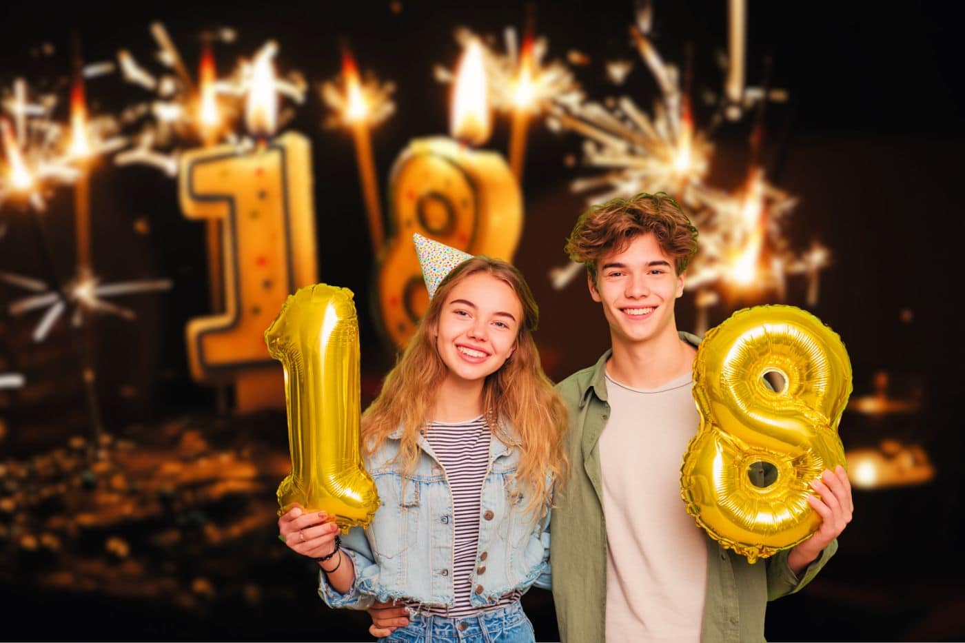 gateau anniversaire 18 ans jeune homme femme garçon fille ballon doré gonflable bougie feu bengale