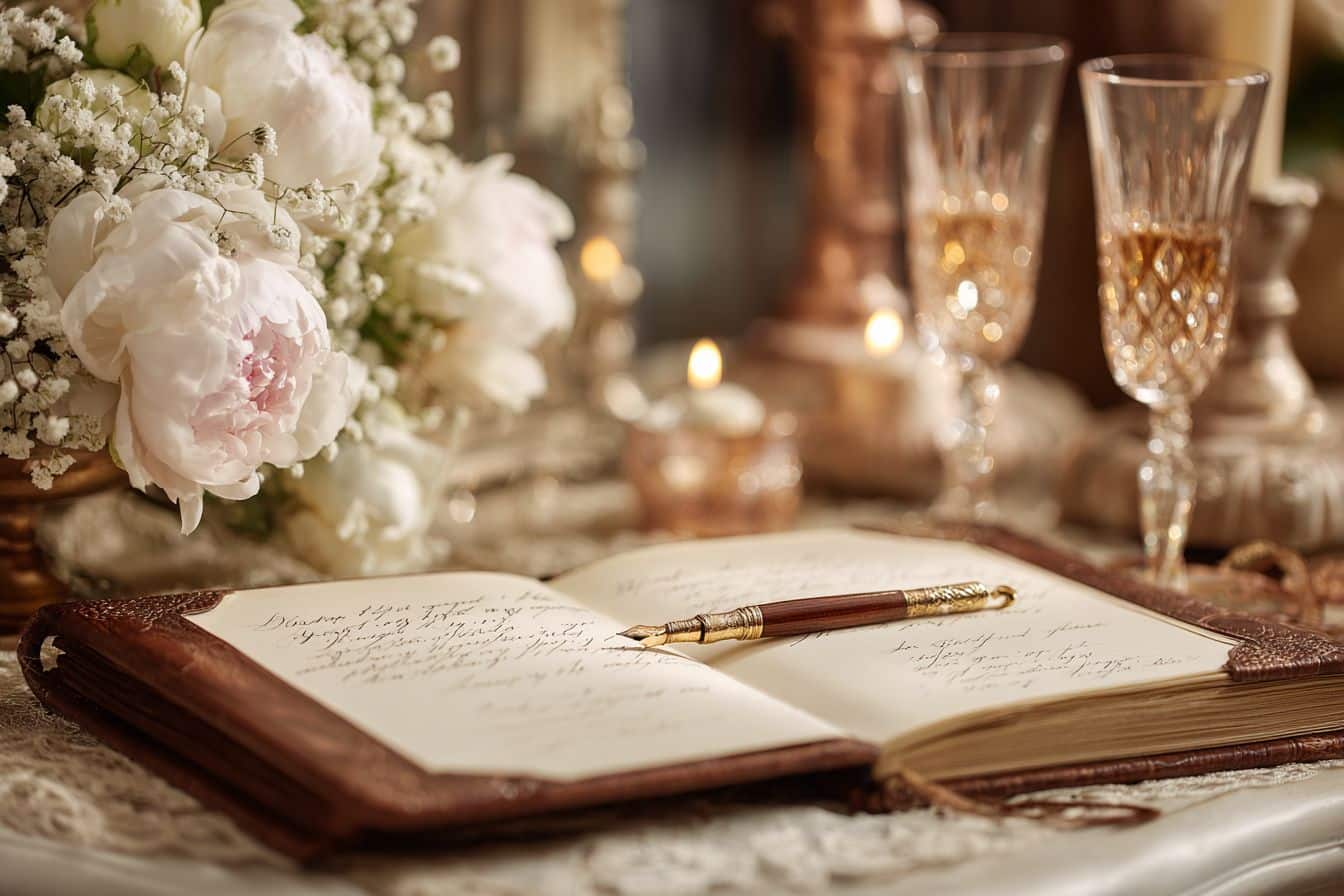 Livre d'or mariage traditionnel en cuir luxe avec calligraphie et décoration romantique aux bougies