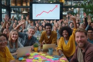 Équipe d’employés motivés célébrant une forte hausse de productivité grâce au team building