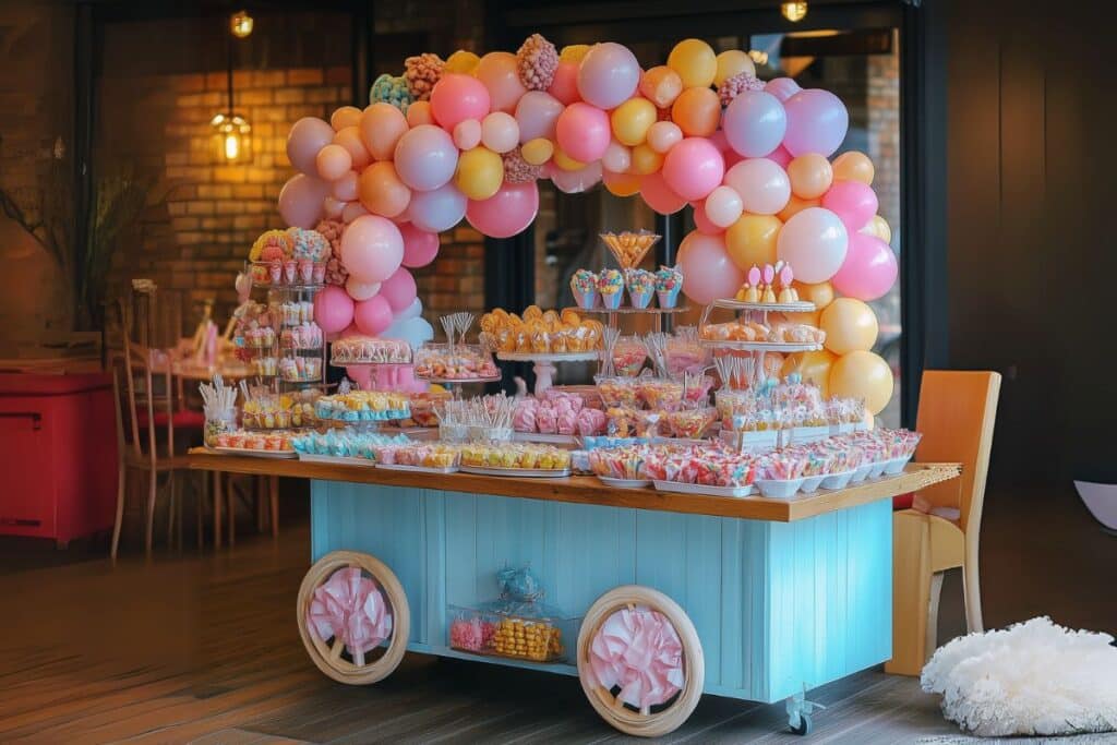 chariot sucré dans une fête d'anniversaire candy bar coloré pastel style vintage mariage intérieur dégustation ballon gonflable arche