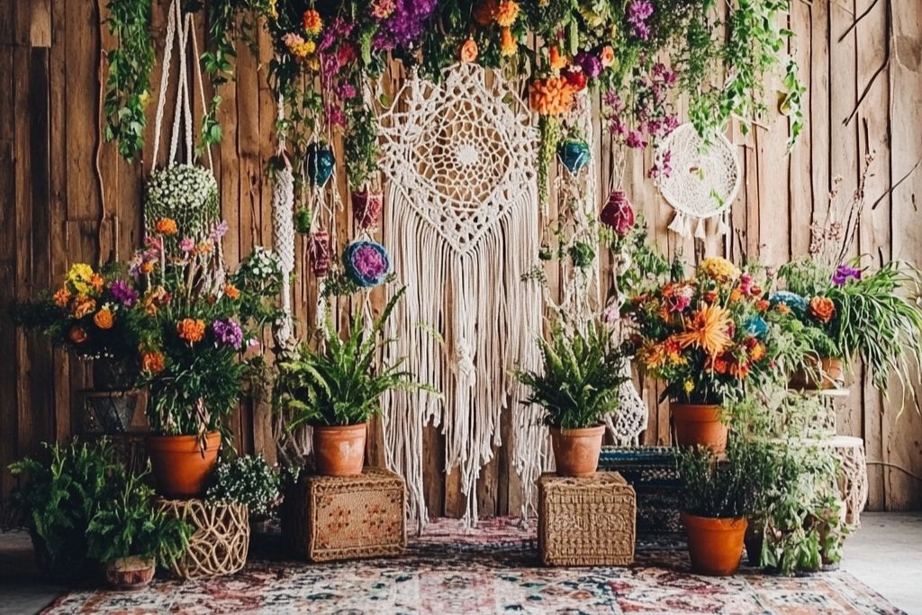 décoration mur photo d'un mariage bohème attrape rêves fleur tapis persan