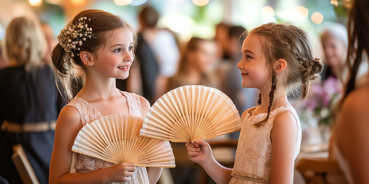 enfants filles présentes à un mariage en été éventail rafraichissant chaleur
