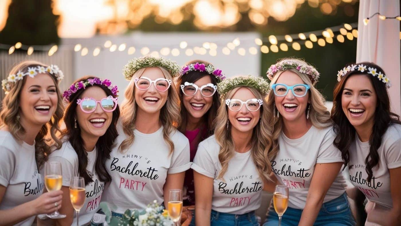 groupe d’amies souriantes dans un cadre festif, portant des accessoires d’EVJF (couronnes de fleurs, lunettes fun, t-shirts personnalisés) scène se déroule en extérieur, au coucher du soleil, avec des guirlandes lumineuses et une ambiance chic mais décontractée