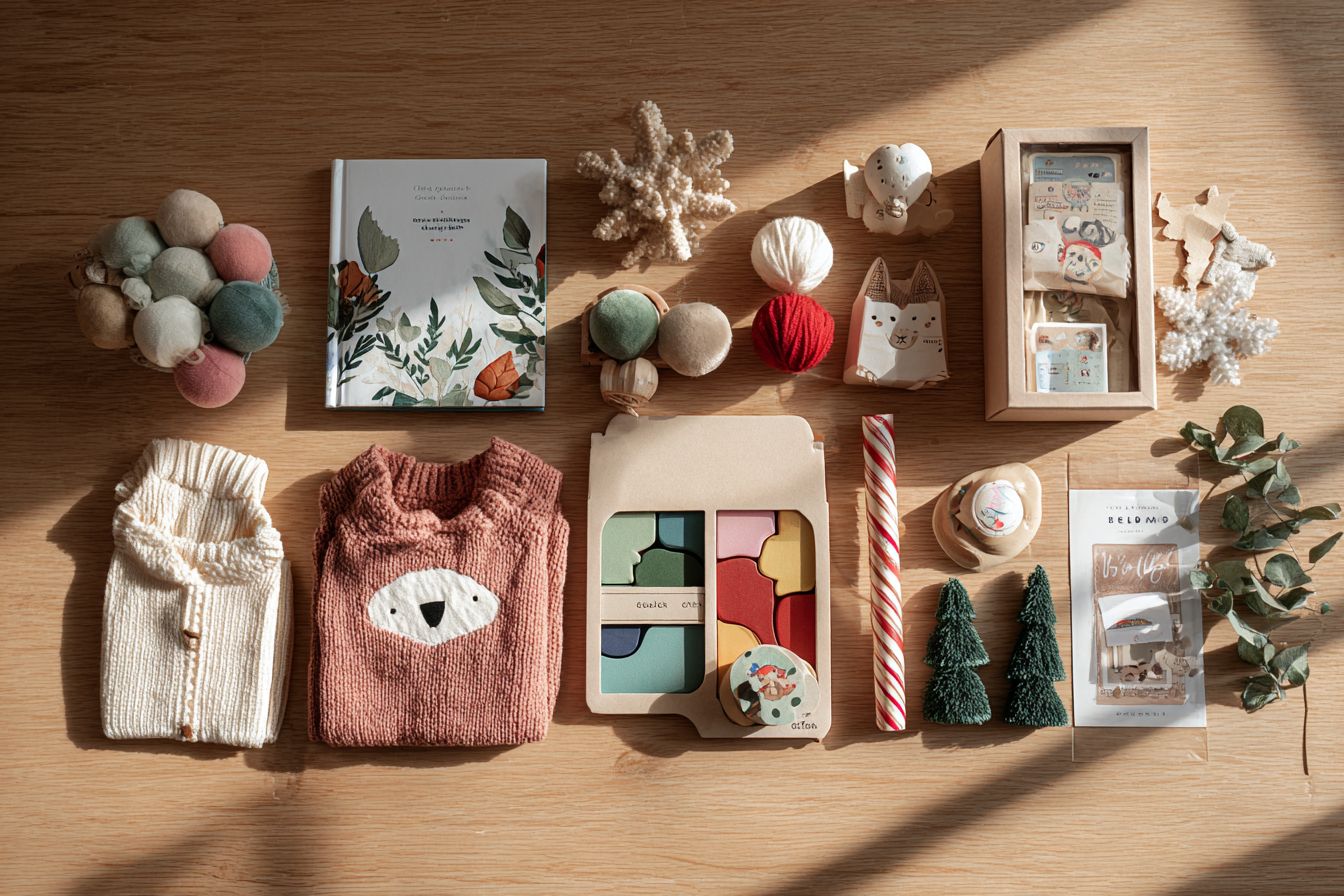 Idées cadeaux enfants 3 à 6 ans pour arbre de Noël en entreprise, sélection créative table flat lay