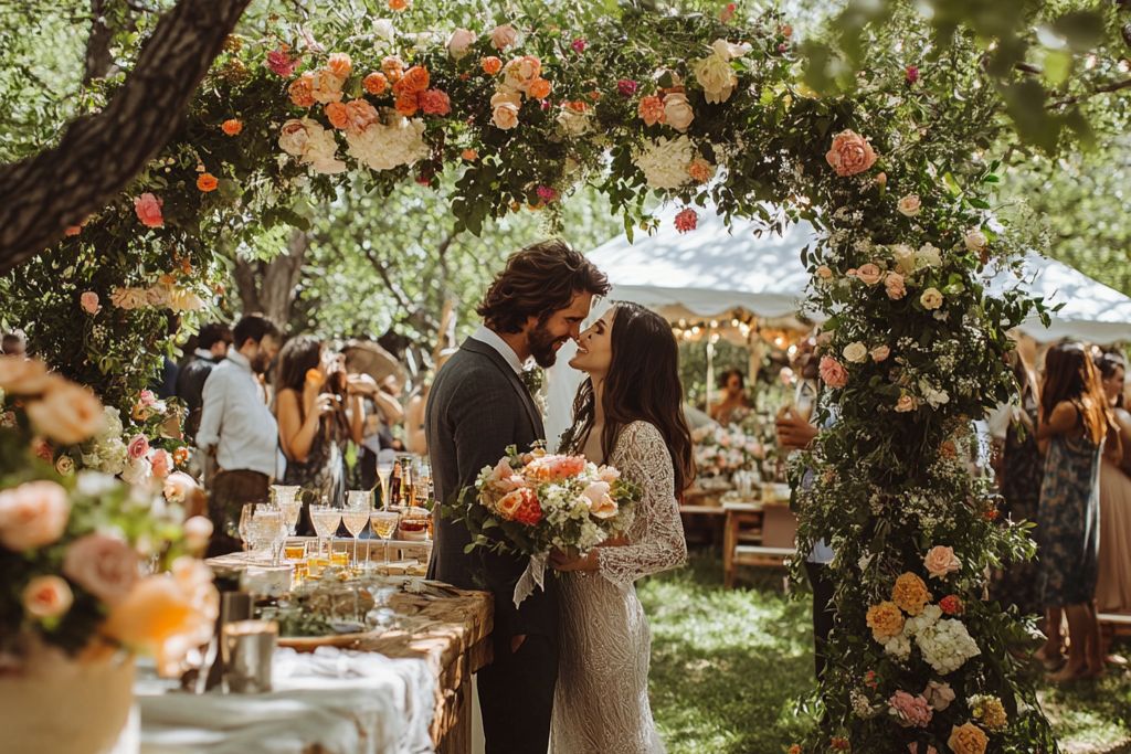 jardin bohème mariés sous arche en fleur table invités barnum