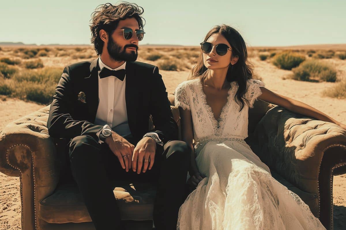 mariage style bohème chic vieux canapé photographie mariés costume lunettes de soleil robe dentelle désert ensoleillé
