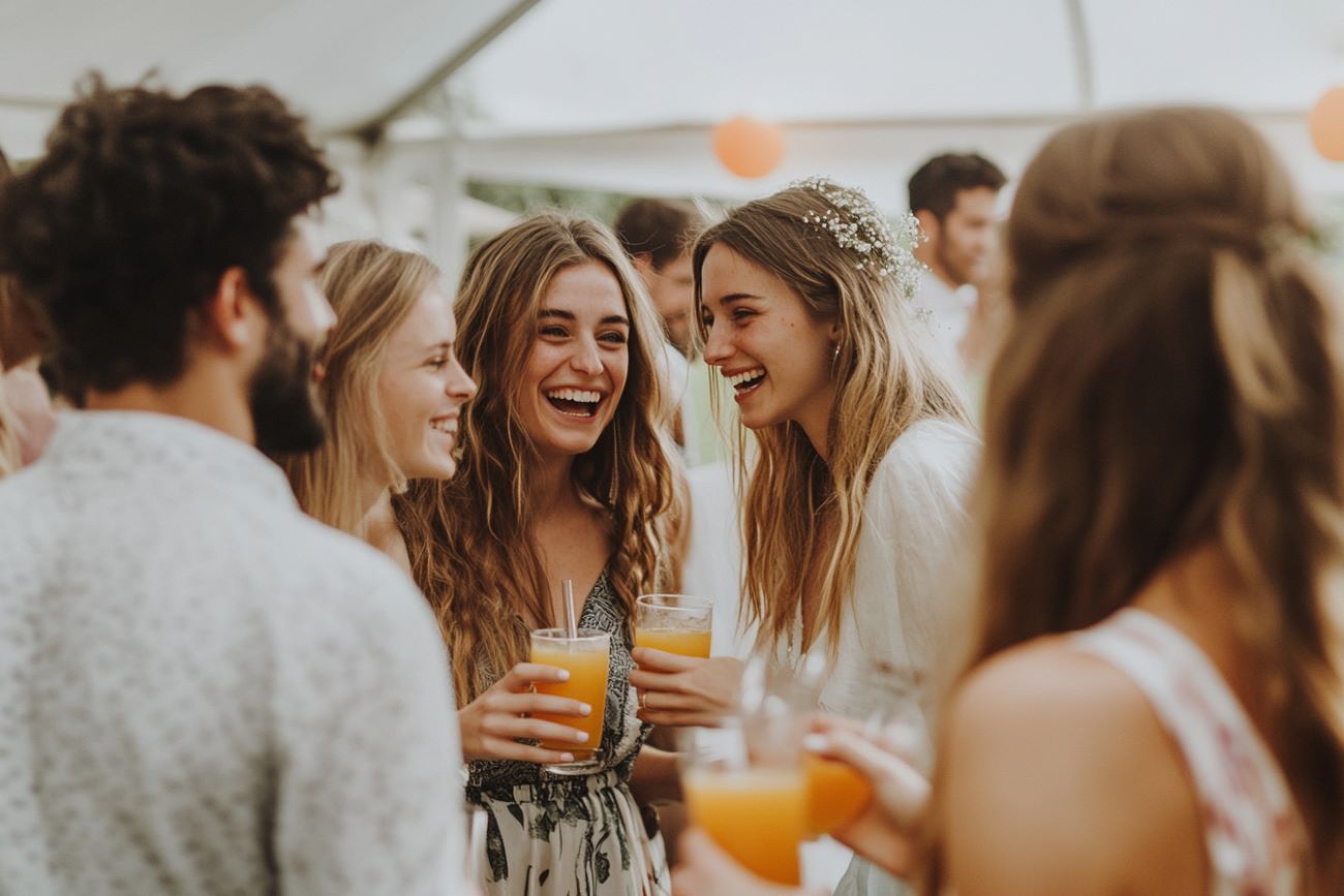 mariée en robe blanche partage cocktail et rire avec ses invités lors de son mariage sous tonnelle en été