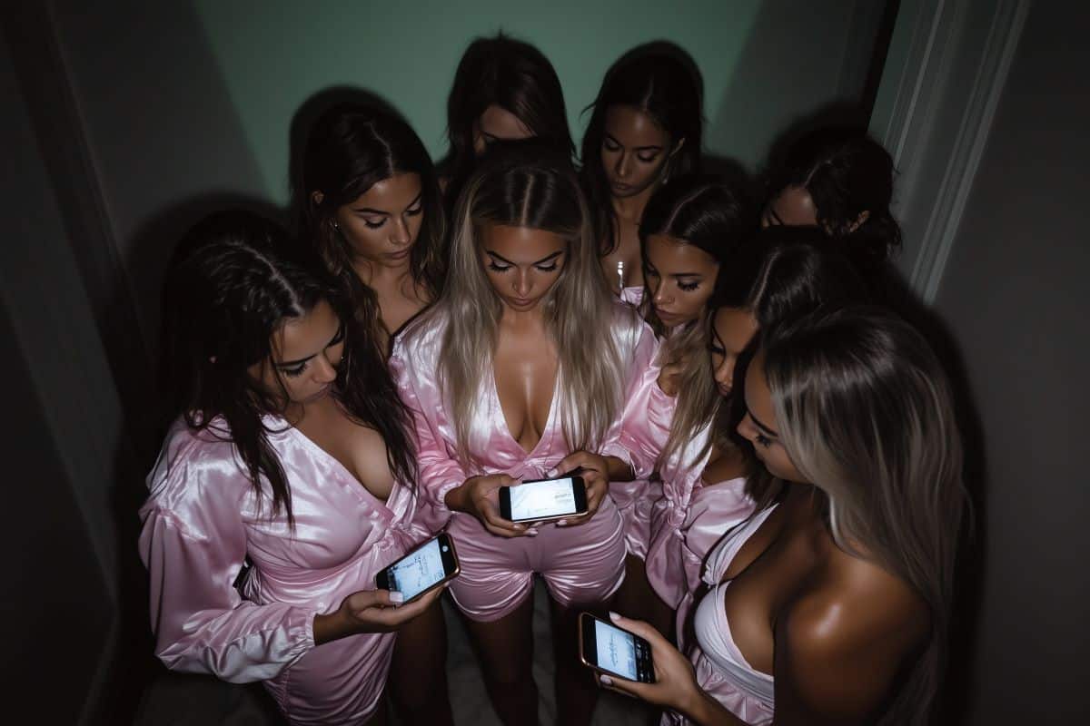 soirée entre fille pyjama soie rose look tenue evjf femmes smartphone