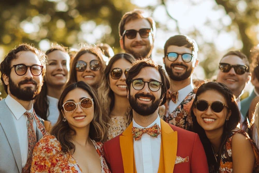 selfie groupe invités mariage pov photobooth soleil été en arrière plan
