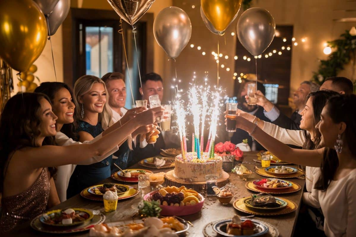 grande table en bois au centre d’une pièce chaleureusement décorée avec des ballons métalliques dorés et argentés flottant au plafond. Les invités, souriants et habillés élégamment, lèvent leurs verres pour un toast. La table est ornée de plats colorés, de tapas, et d’un gâteau d’anniversaire spectaculaire décoré de bougies scintillantes. Une guirlande lumineuse suspendue ajoute une touche de féérie à l’ensemble