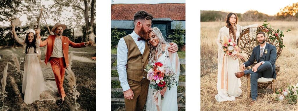 idée costume et robe de mariage boheme chic trois couple homme femme mariés