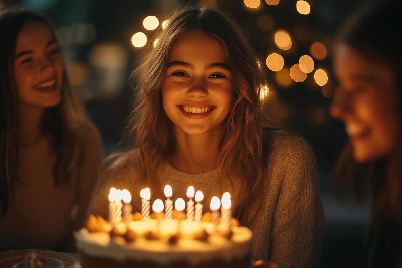 fille blonde d'environ 20 ans fête son anniversaire en soufflant les bougie de son gâteau entourée de ses amies ambiance lumière tamisée