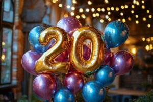 ballon anniversaire chiffre 20 doré gonflable violet bleu guirlande led salle déco