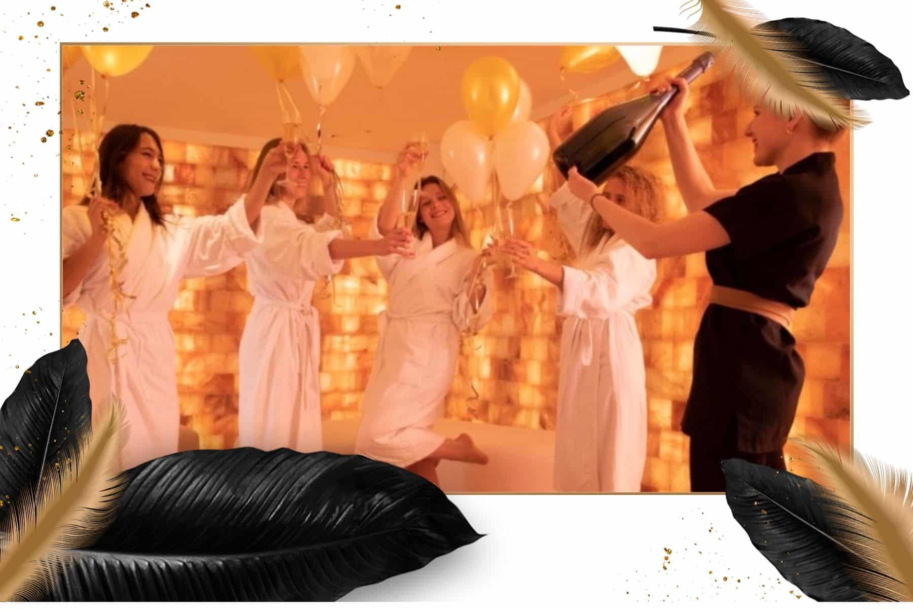 fete evjf salon spa champagne magnun femme en peignoir ballon or