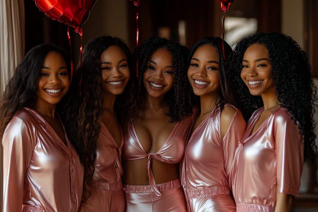 filles noires copines séance photo pyjama satin rose mini short ballon rouge coeur