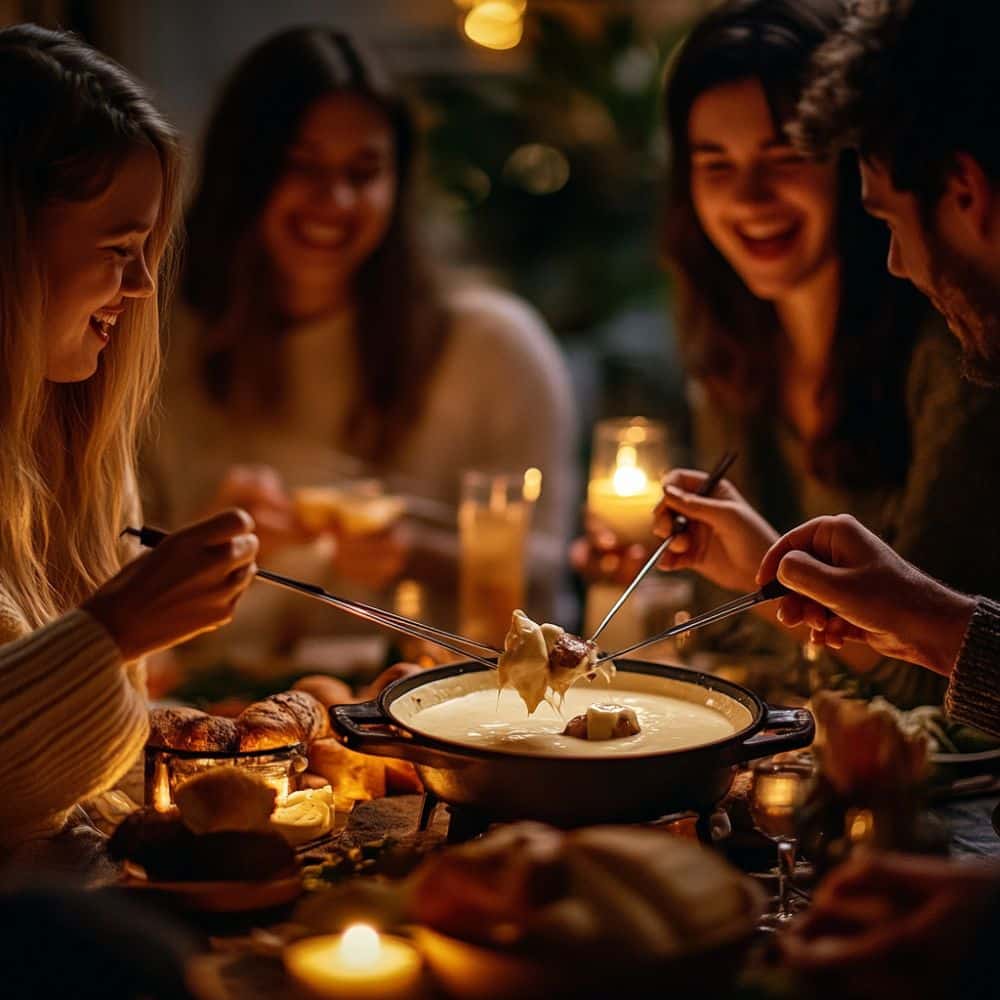 fondue savoyarde pain fromage repas hiver chalet entre amis réconfortant