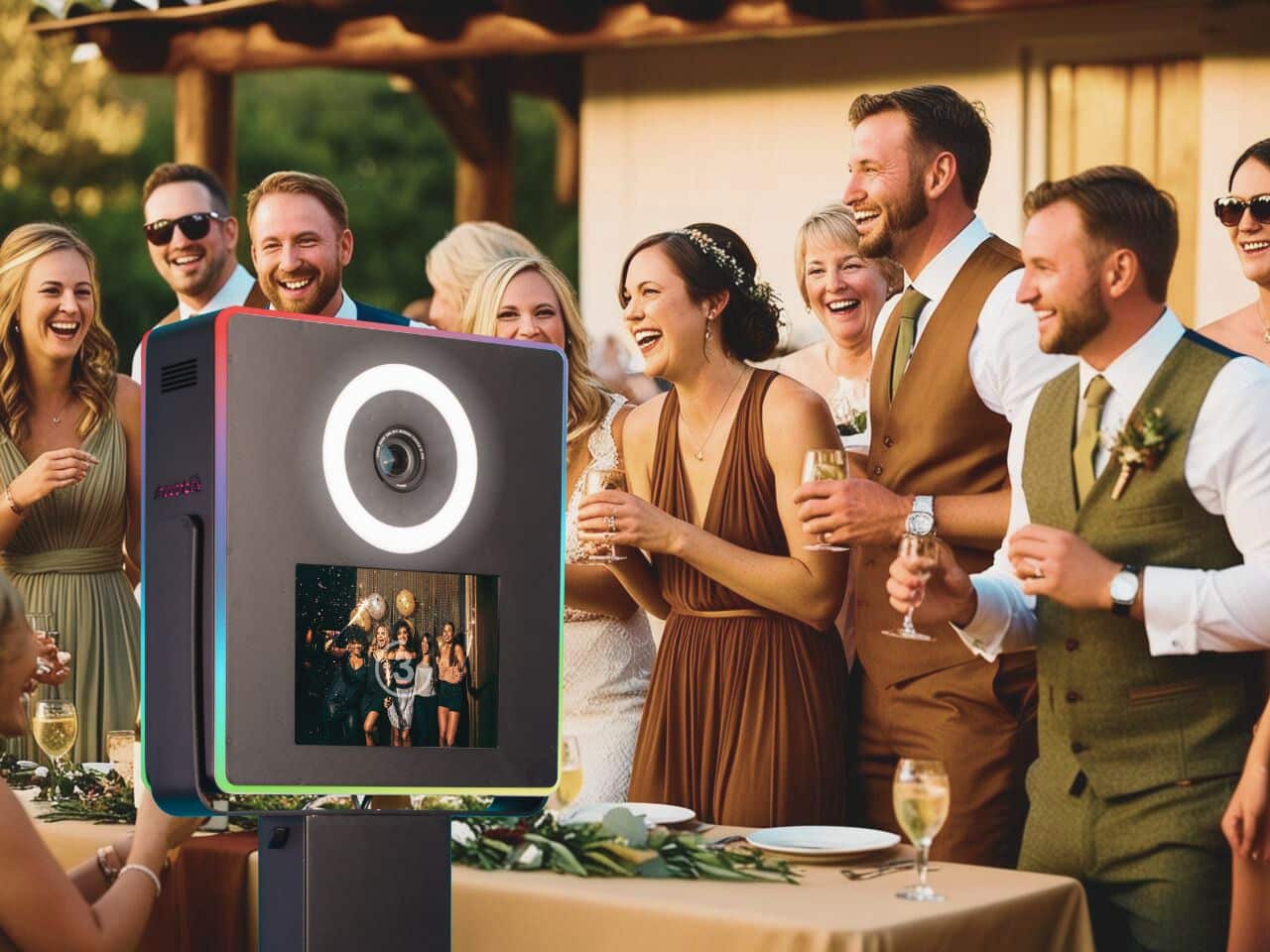 photobooth avec invités lros d'un mariage champetre en pleine nature soleil couchant