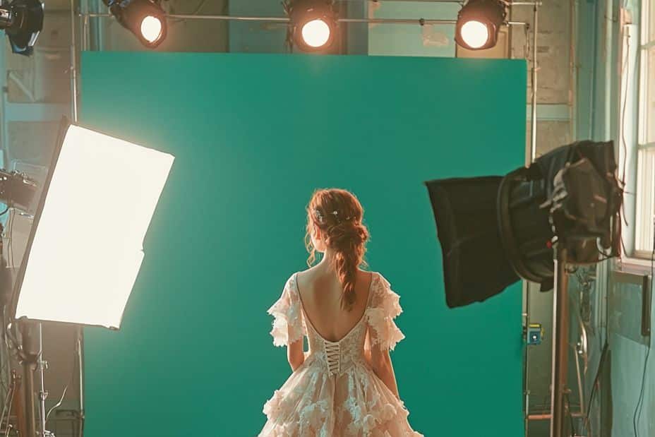 shooting studio professionnel marié robe de dos fond vert accessoires