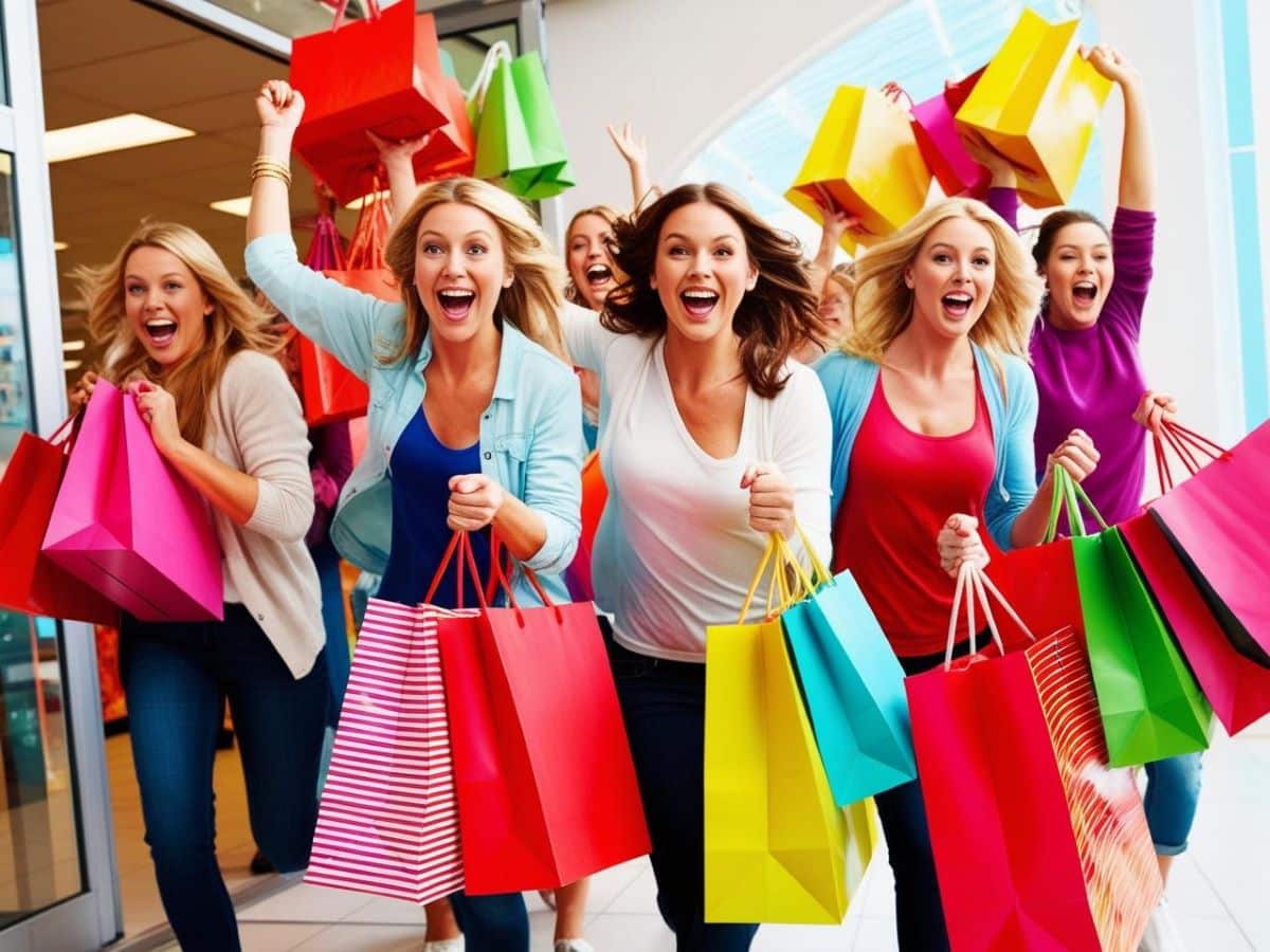 achat compulsif soldes période marketing black friday produit acheter femmes sort de magasin galerie commerciale