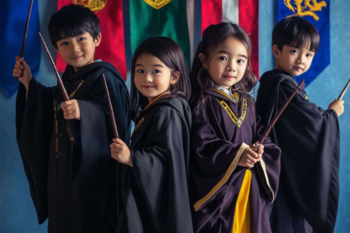 cape et couleur de l'école poudlard déguisement costume pour enfant asiatique anniversaire harry potter sorcier baguette