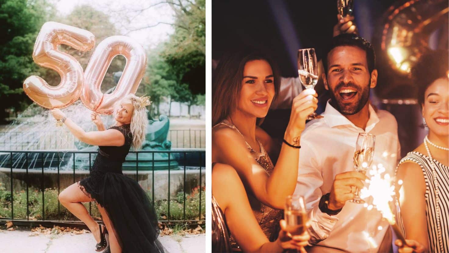 photo jour anniversaire femme 50 ans robe noir dentelle ballon or orse cuivré gonflable fete soirée party homme champagne amies