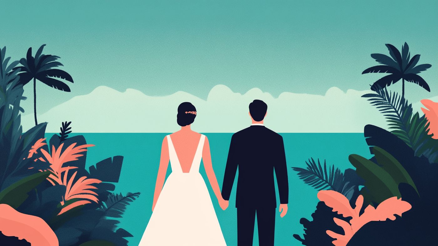 Ambiance de mariage à destination : une illustration personnalisée du couple dans un lieu de destination, comme une île tropicale robe mariage blanche thème océan