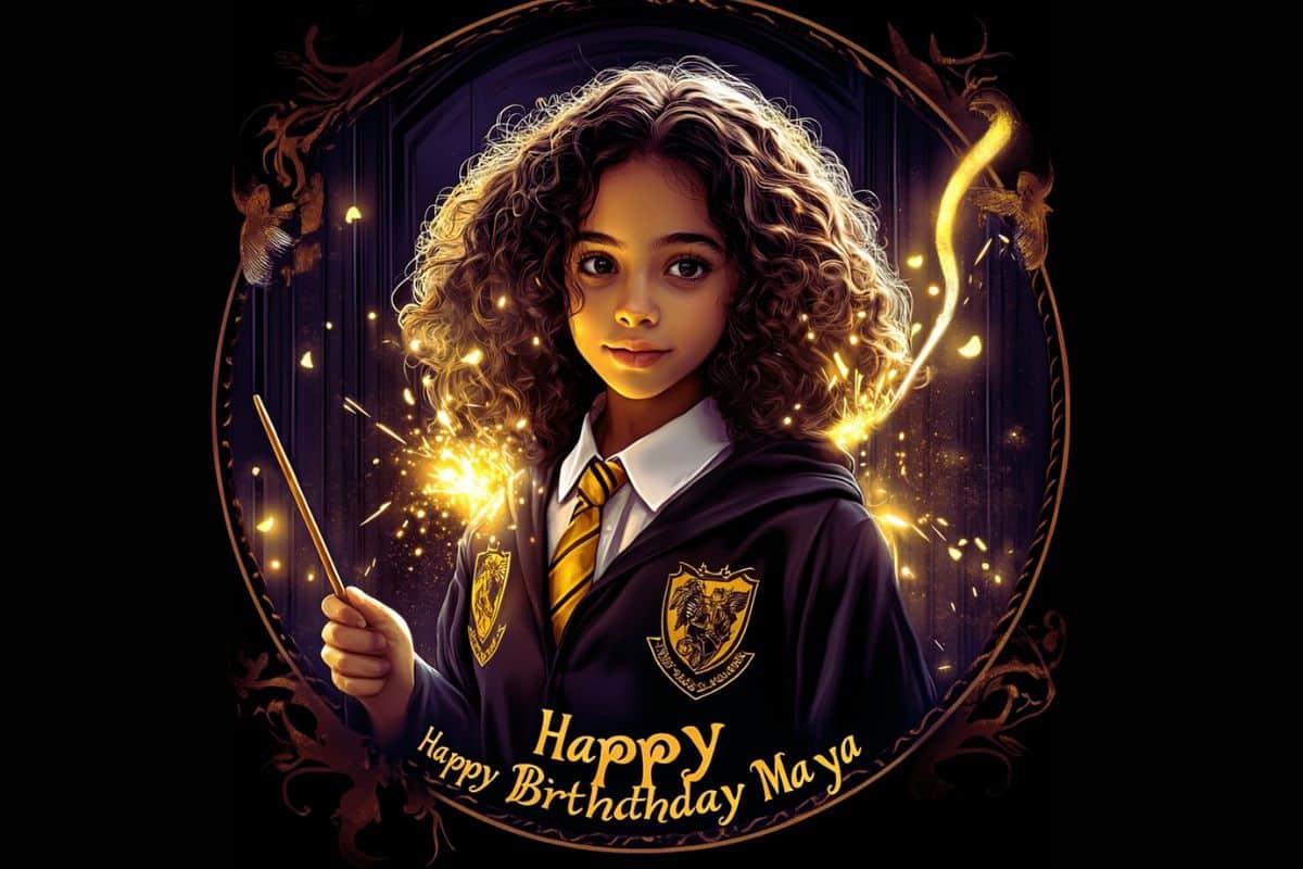 illustration joyeux anniversaire carte voeux harry potter maya sorcière baguette magique