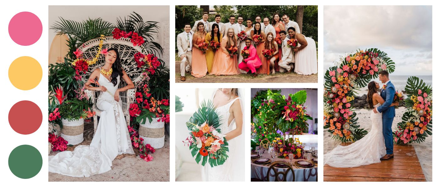 palette couleur mariage tropical exotique fleur tenue rose or rouge vert