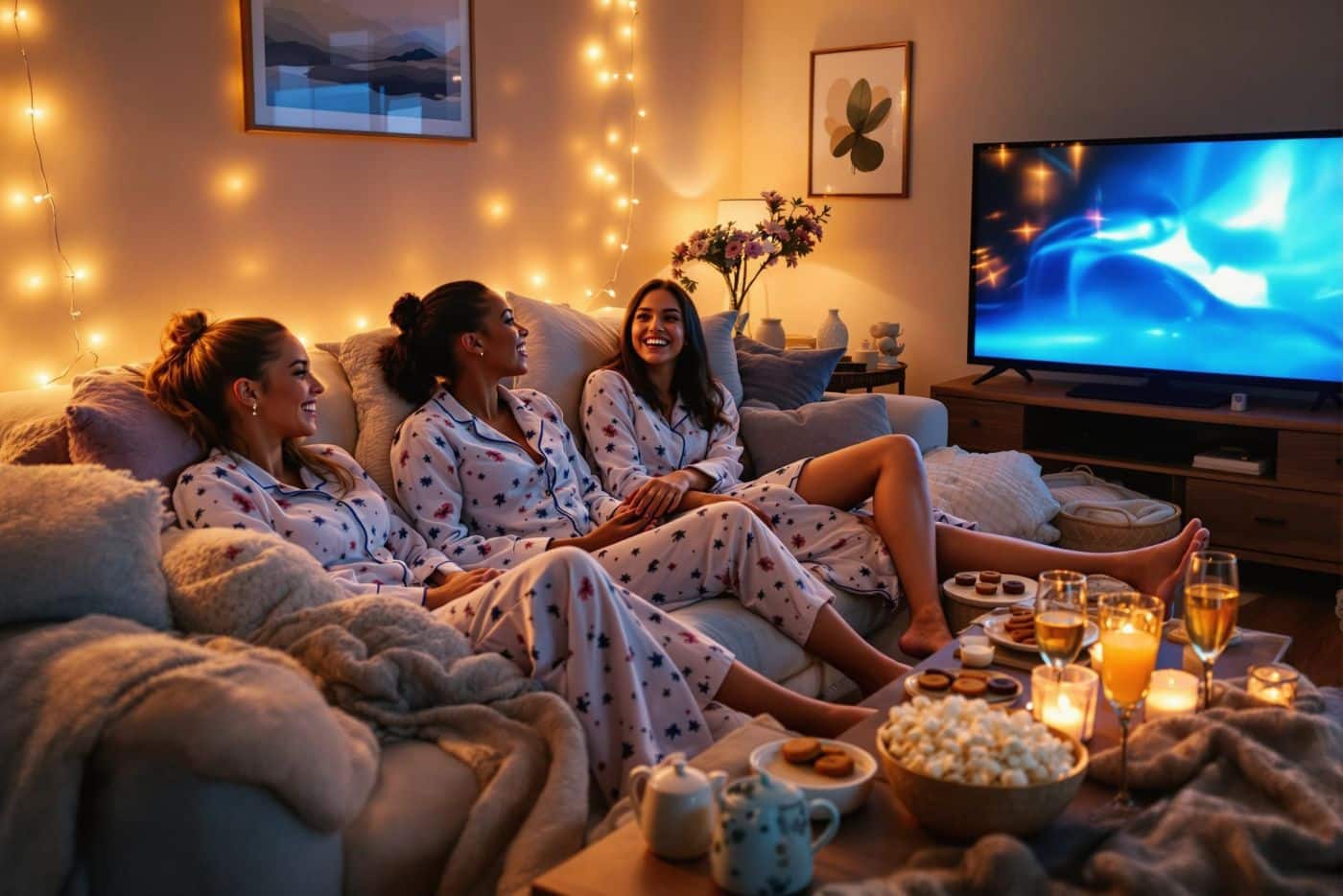 ambiance soirée entre fille pyjama maison salon télé entre copines
