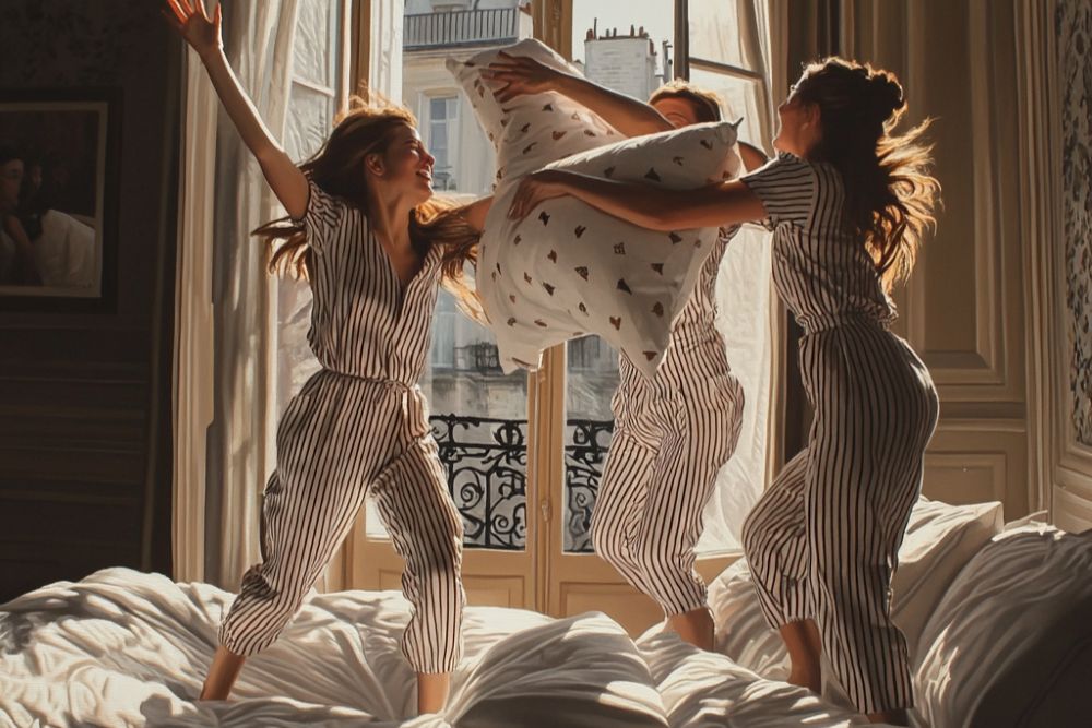 bataille d'oreiller entre trois filles saut sur le lit vue fenêtre paris ambiance chic pyjama