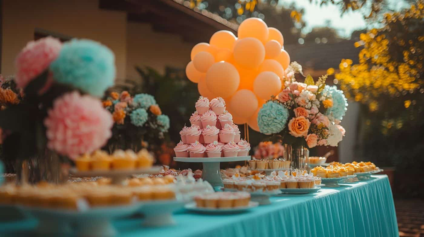 buffet sucré baby shower orange bleue cupcakes gâteau apéritif