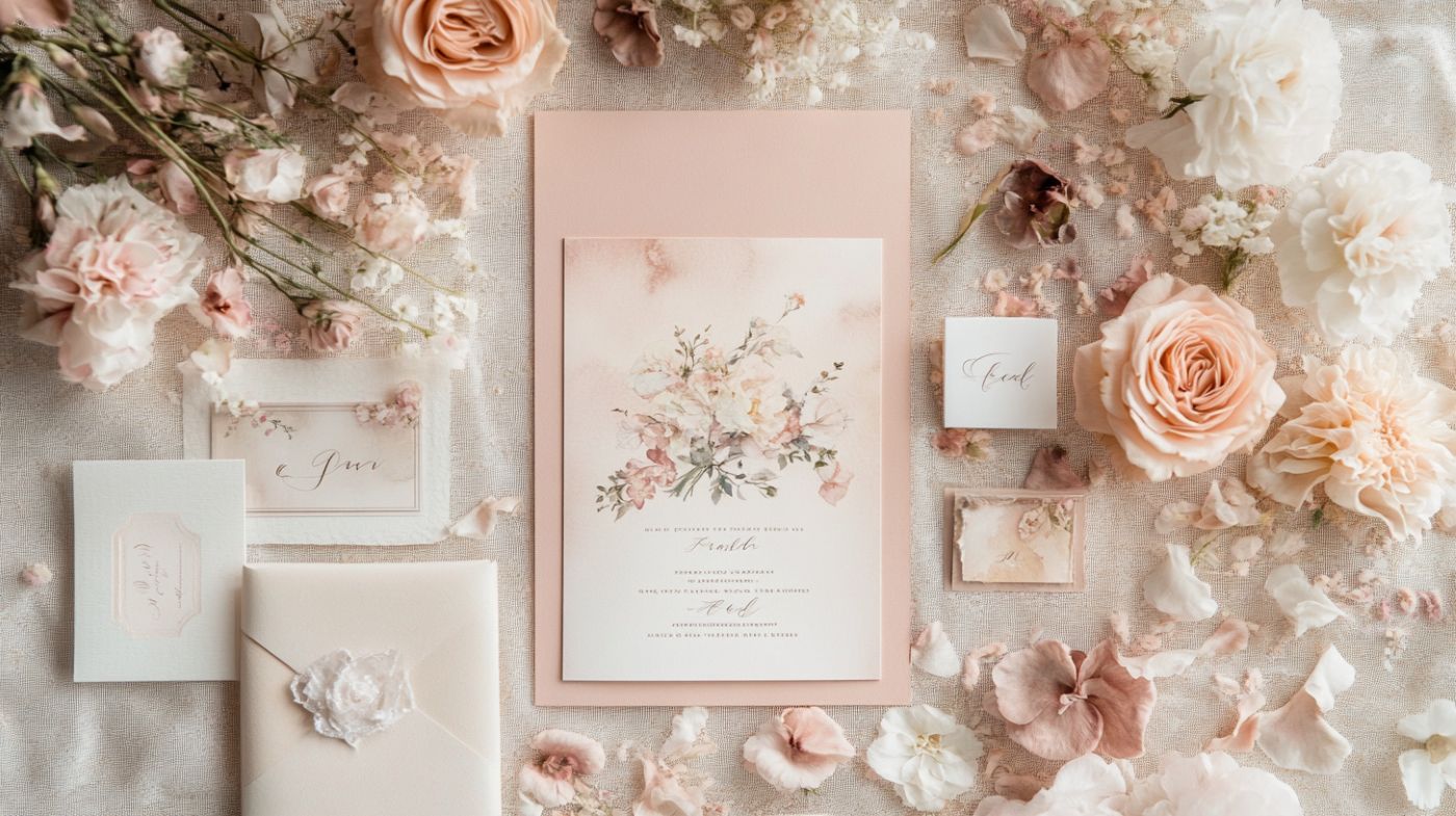 Une maquette de planificateur de mariage avec des textures d'aquarelle florale, des polices de caractères et des tons blush romantiques