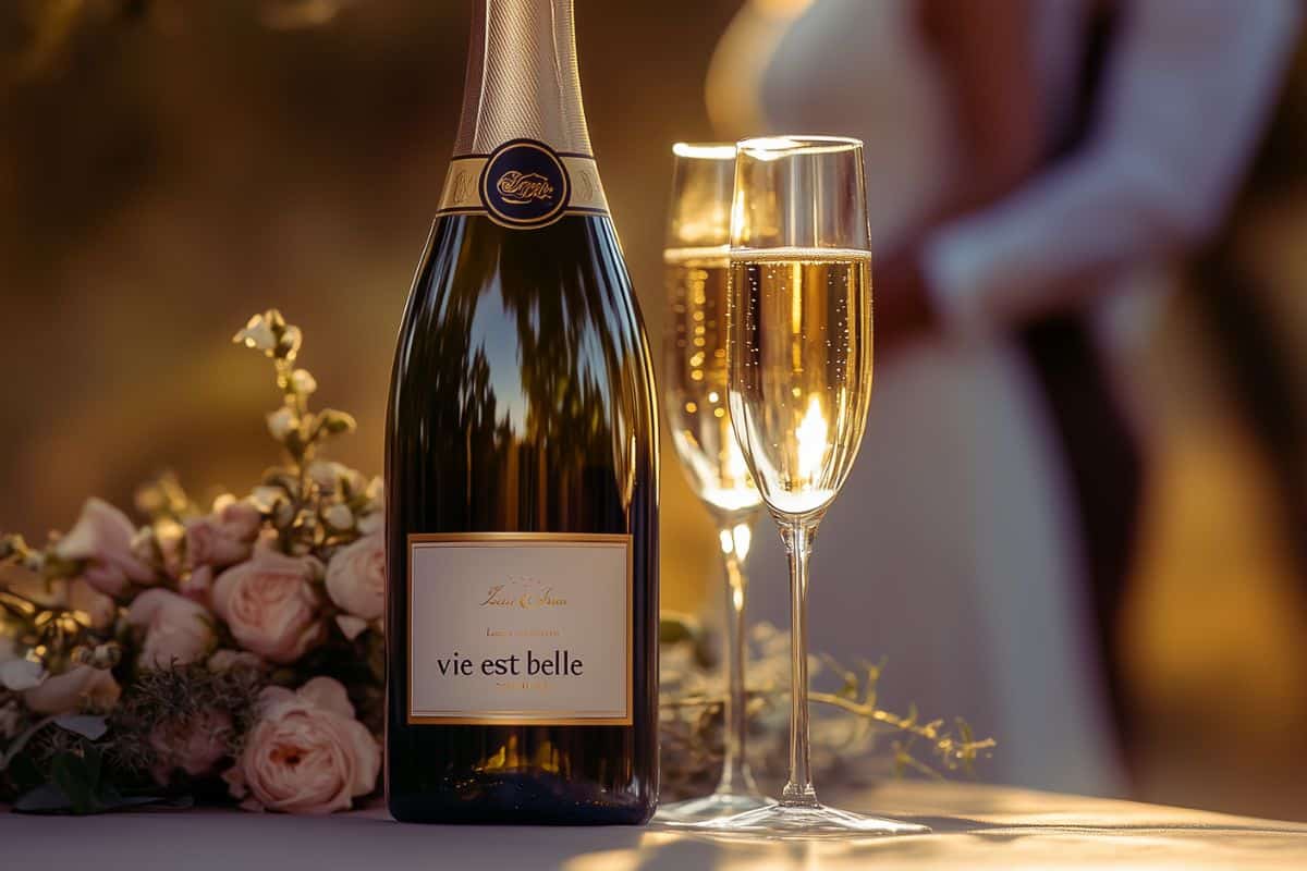 bouteille de champagne la vie est belle coupes verres remplis bouquet de rose mariée couple en fond mariage flou fondu arrière plan