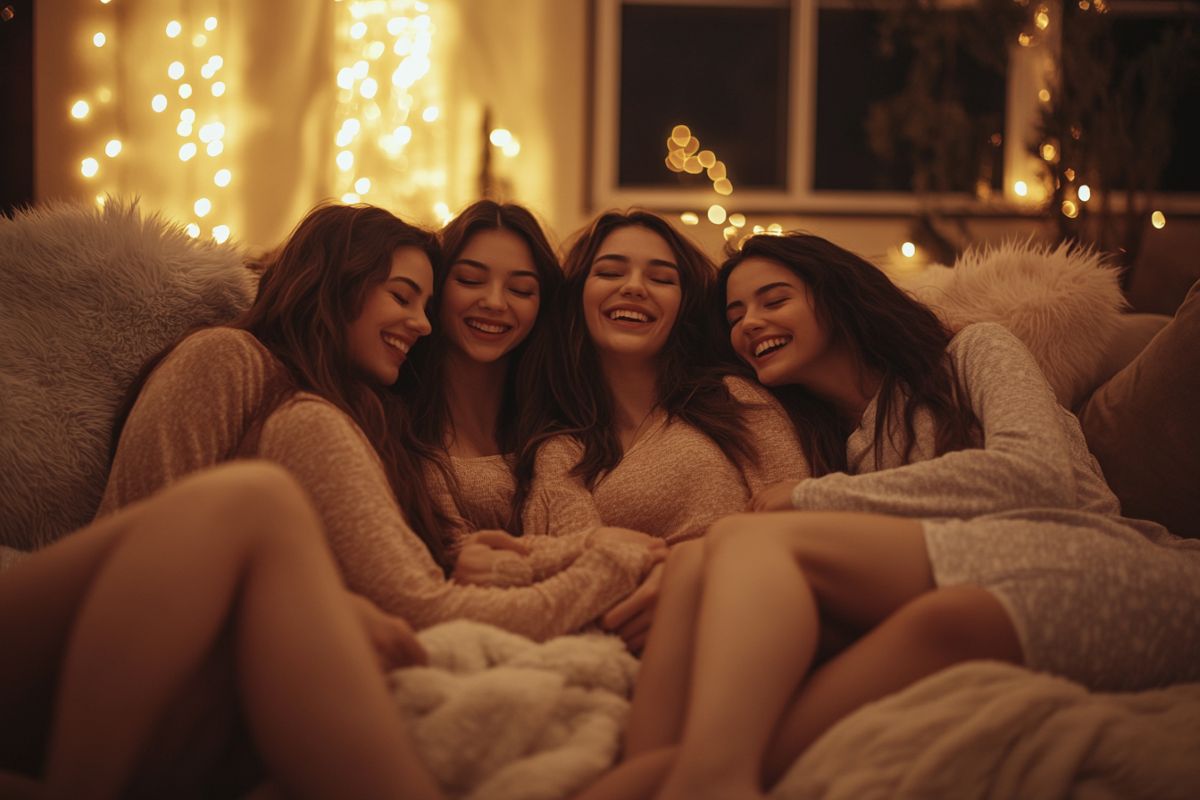cozy pyjama party filles canapé confortable plaid soirée