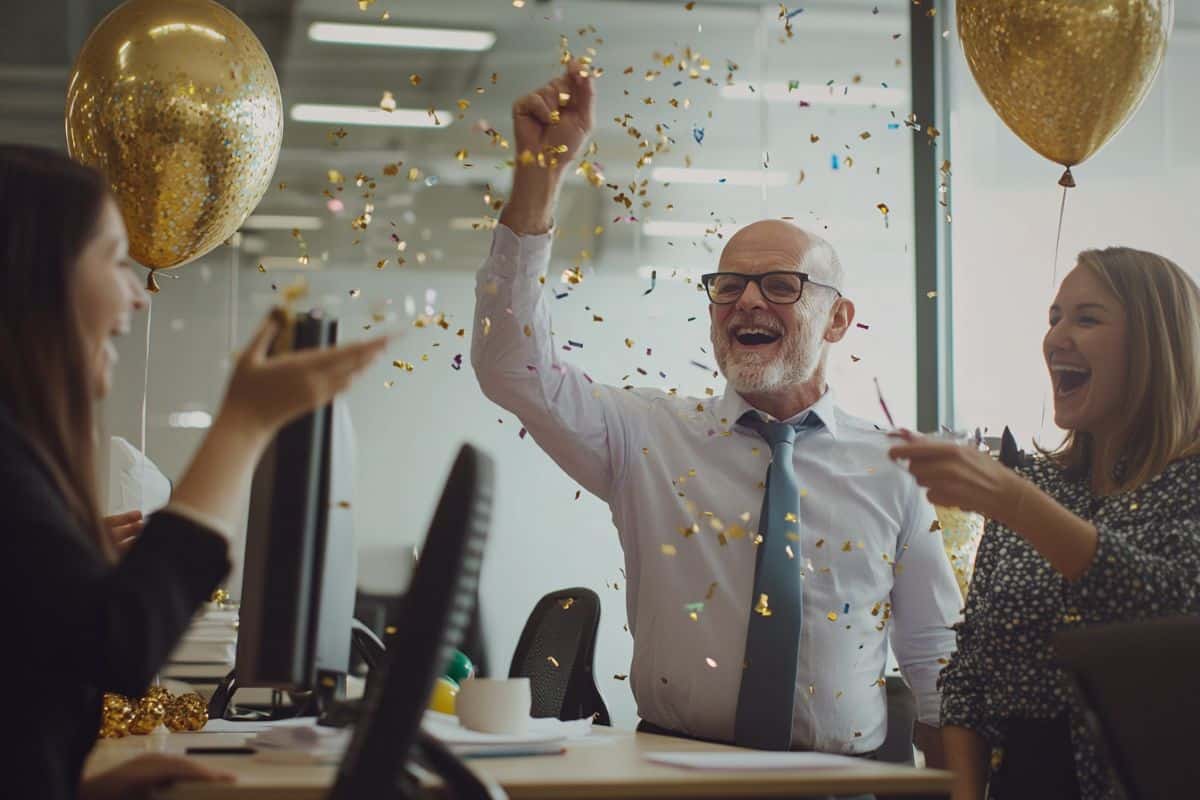 fête pot de départ en retrait collègue âgé vieux homme ballon gonflable or doré confettis