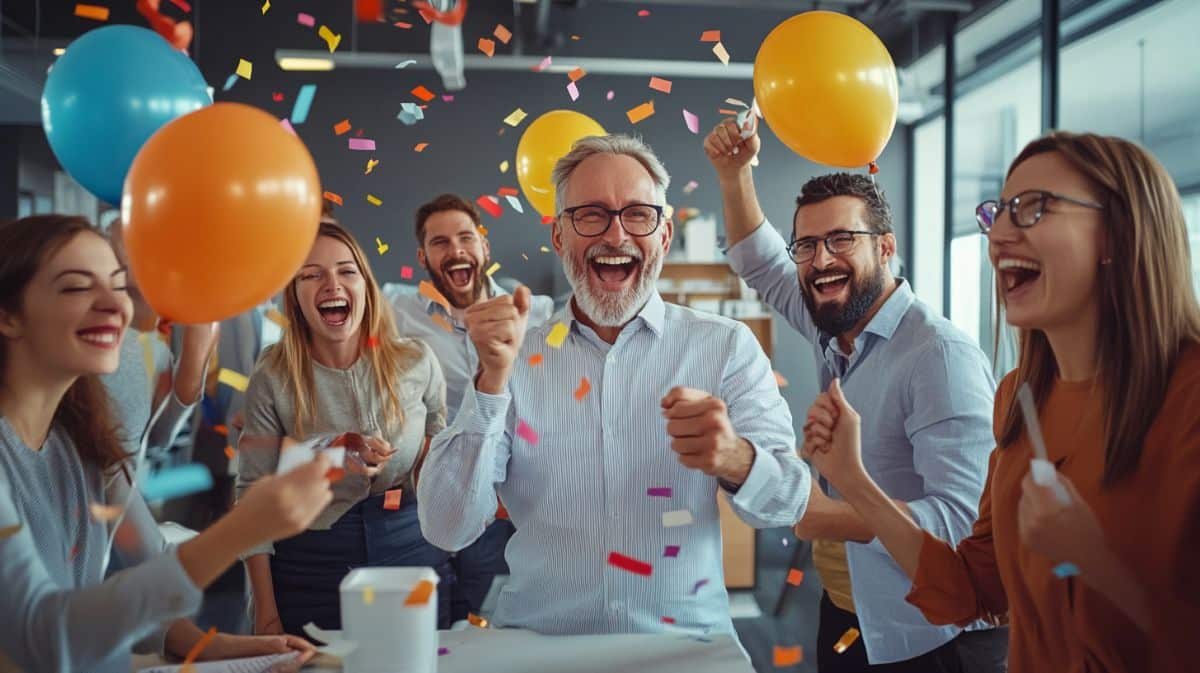 fete entreprise collègue amusement joie bonheur pot de départ entreprise bureau