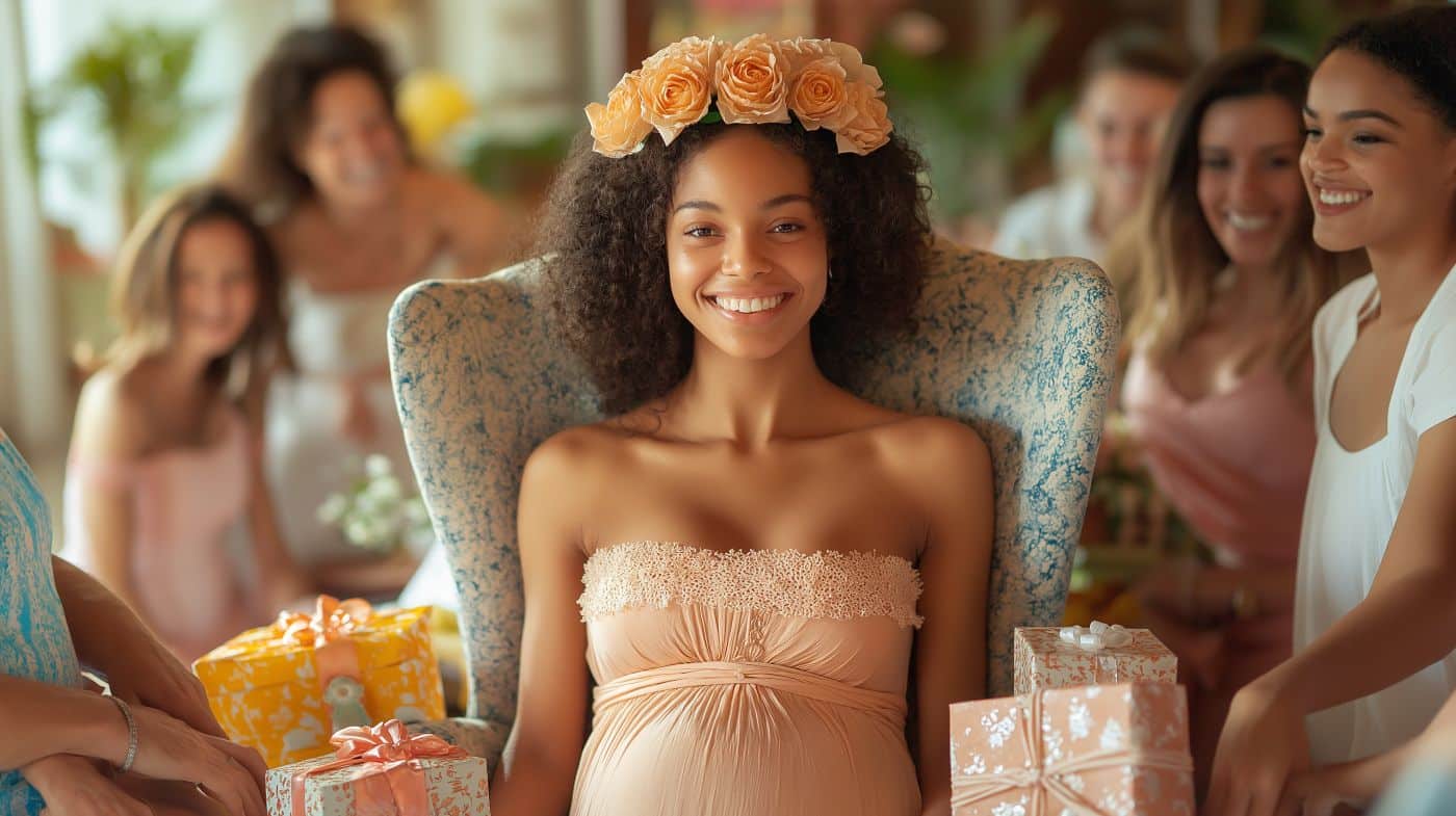femme enceinte future maman ventre rond assis canapé dans une baby shower party couronne fleur sur la tete ambiance zen pastels couleurs métisse robe rose saumon cadeau paquet