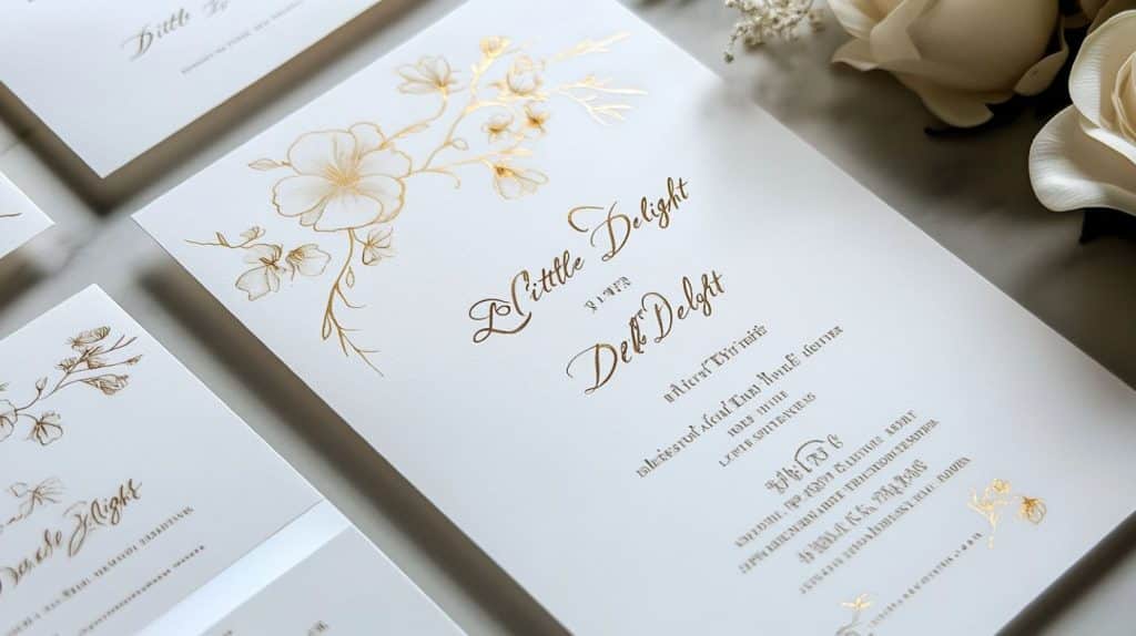 Un faire-part de mariage moderne aux délicates touches florales dorées sur un élégant fond blanc. Le design comprend des informations calligraphiées et manuscrites : date, heure, lieu, noms des mariés et type d'événement. Le titre « Petit Délice » figure en haut à droite, et de petites décorations ornent les bords de la page. Une image en taille réelle présente toutes les informations en détail.