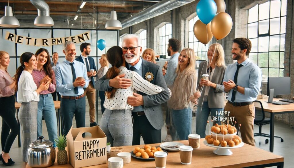 pot de départ en retraite collègue dit au revoir à ses camarades de bureau fête buffet cadeau