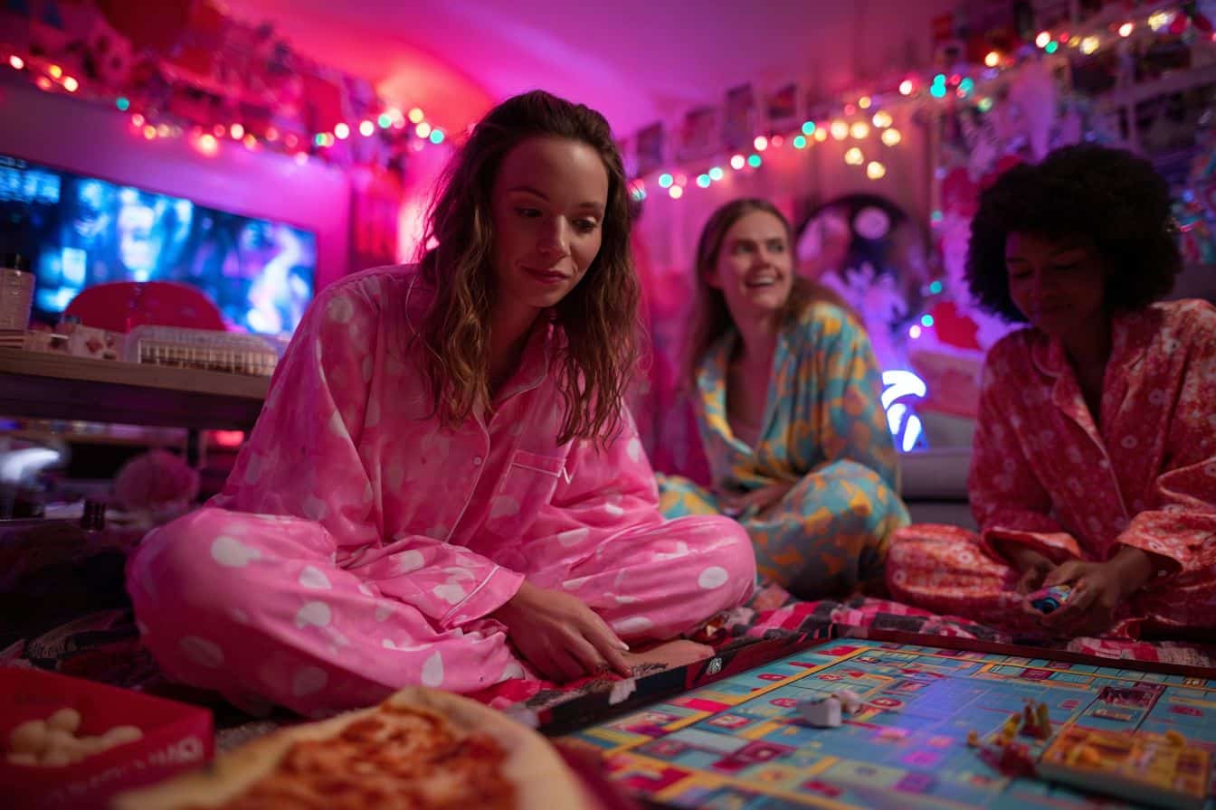 Soirée pyjama adulte thème années 90 avec jeux rétro, déco néon