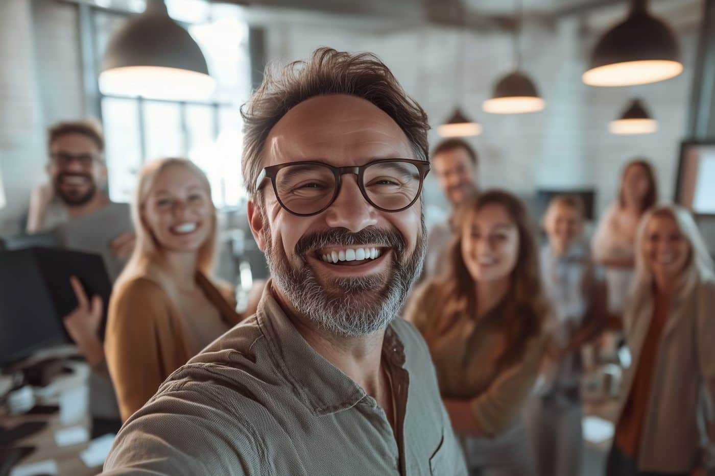 homme à lunettes cheveux grisonnant se prend en selfie avec ses collègues au bureau entreprise