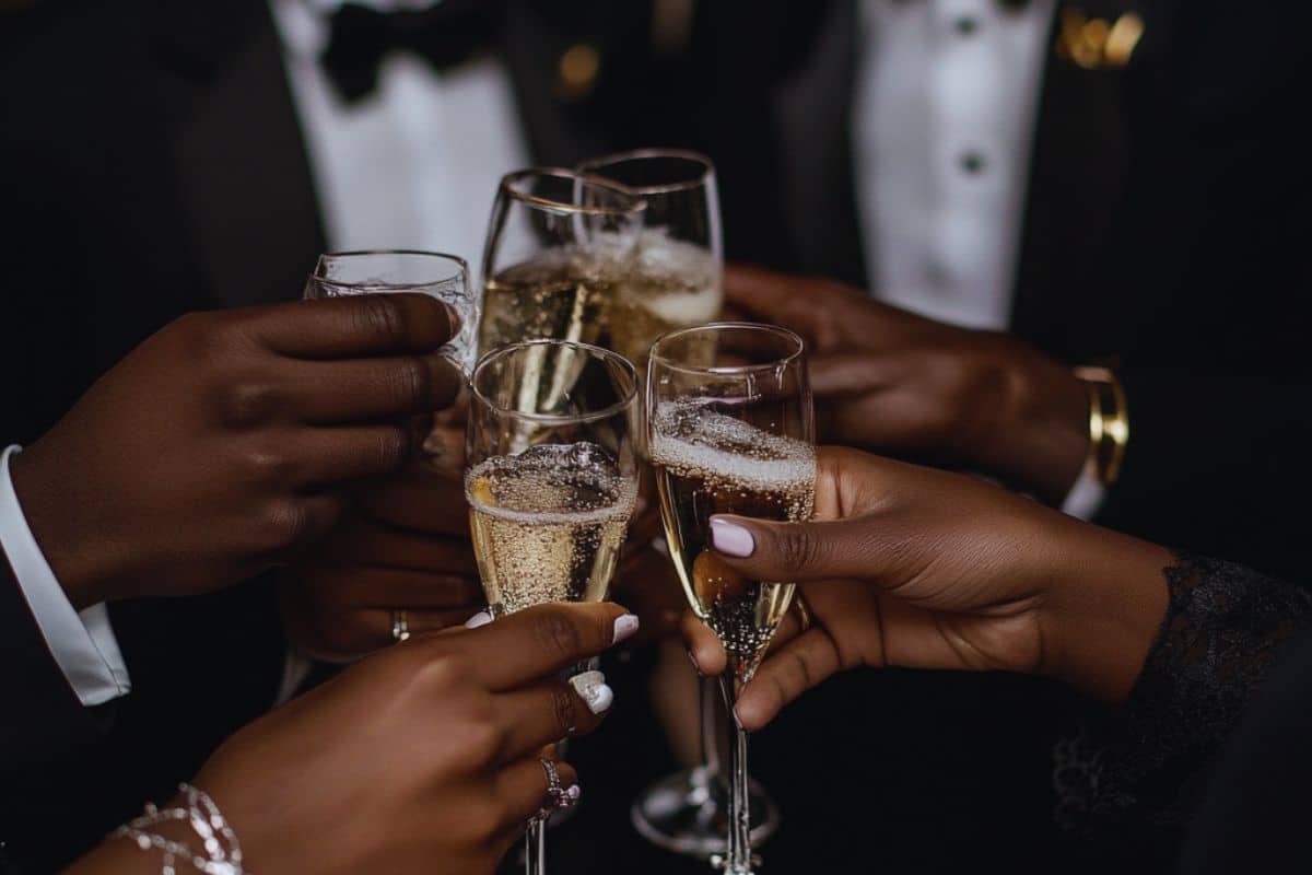toast entre personnes noirs mains coupe champagne flute soirée cocktails chic costume smoking