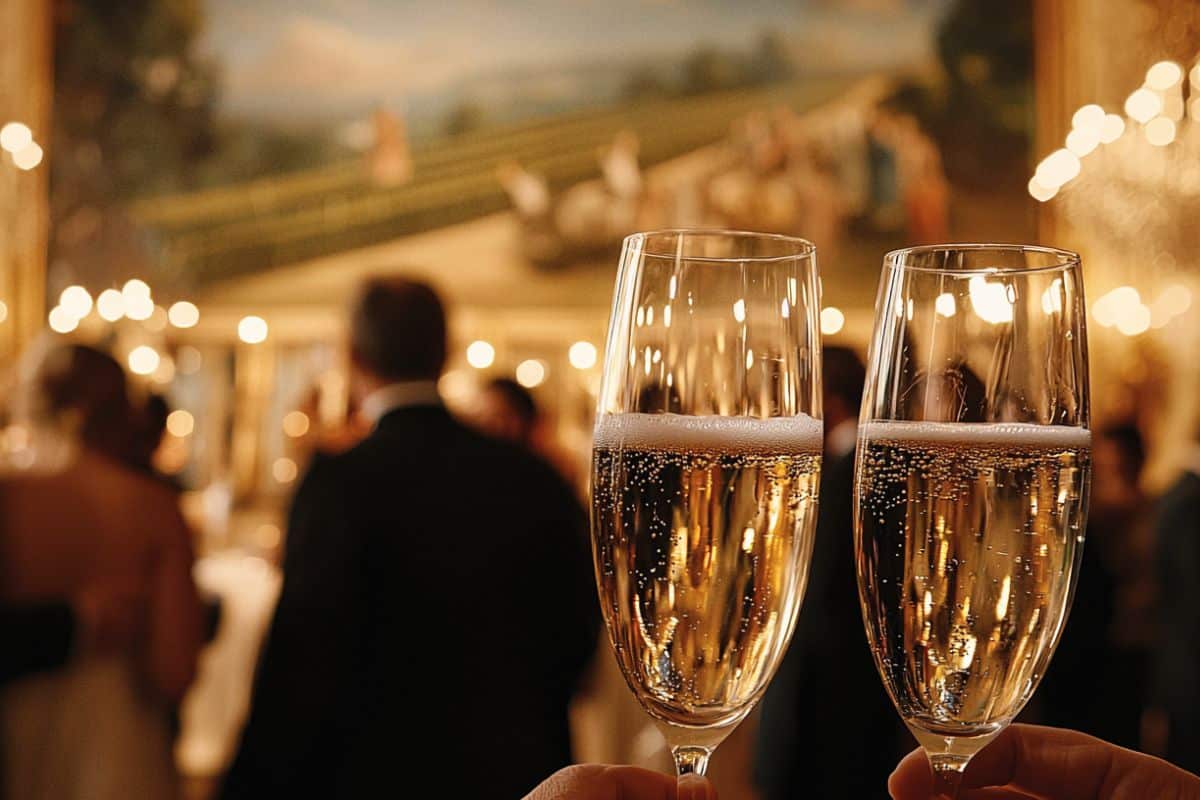 flutes de champagne remplies lors d'une soriée de mariage chic vin d'honneur